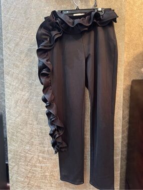 Simonetta Black Ruffle-Trim Straight Leg Girls Pants